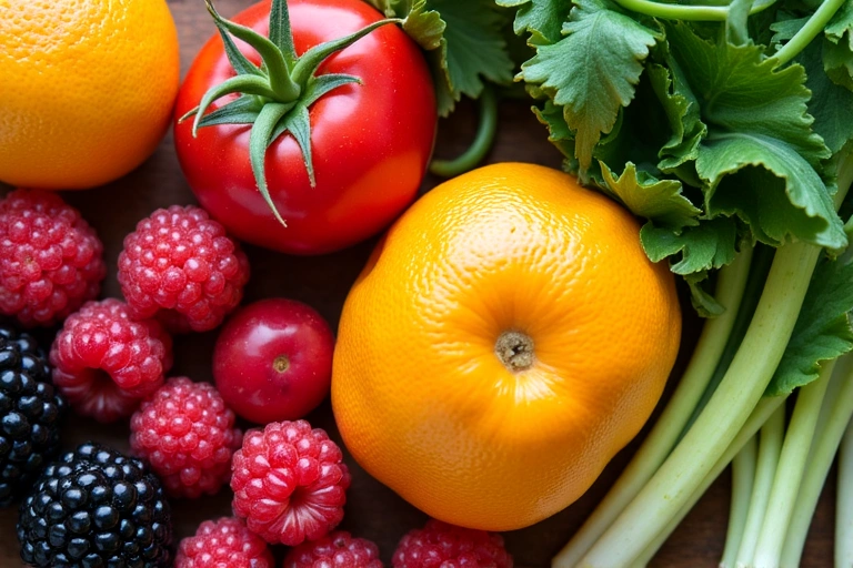 A close-up image of various colorful fruits and vegetables, such as berries, leafy greens, and citrus fruits, arranged attractively.