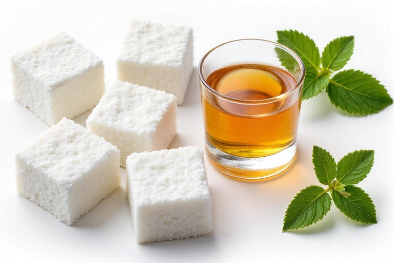 An image showing sugar cubes and various natural sweeteners like honey or stevia, creating a contrast.
